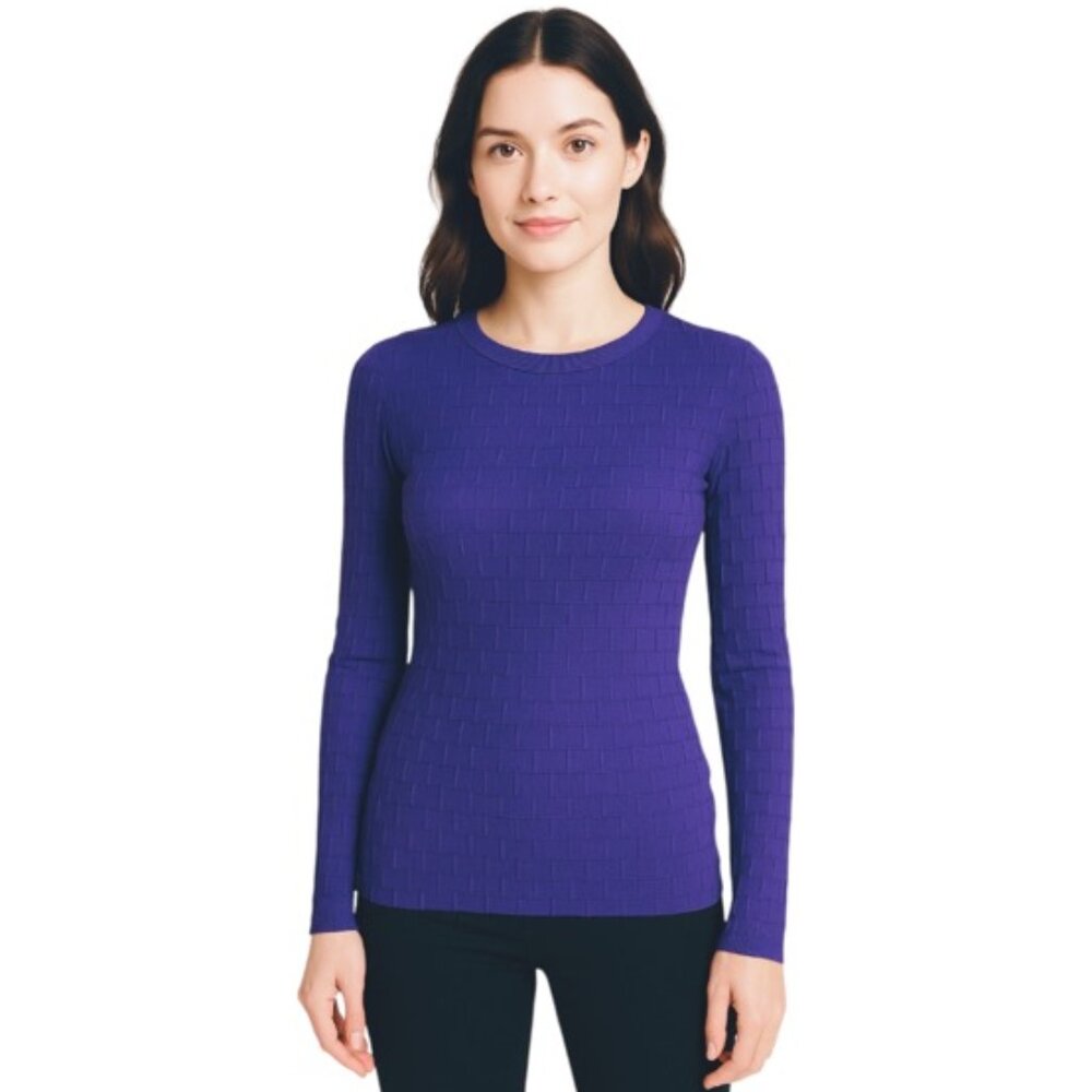 Hallhuber Small Purple Crinkle Long Sleeve Crewneck Fitted Top